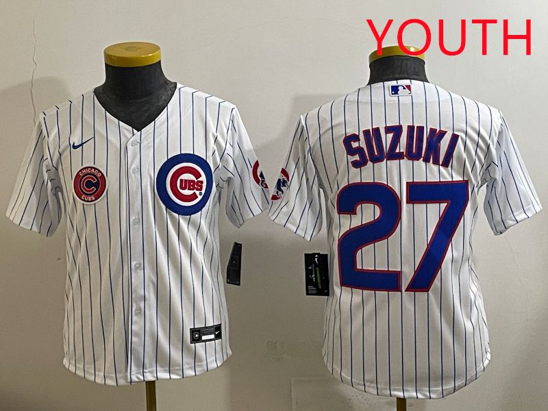 Youth 2025 Chicago Cubs #27 Suzuki White Stripe Game Nike MLB Jersey style 7->youth mlb jersey->Youth Jersey